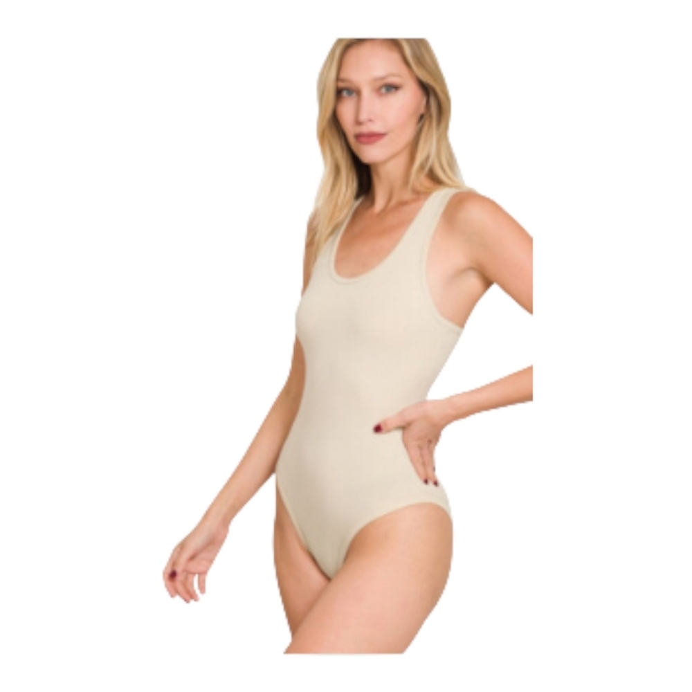 Zenana Basic Beige Tank Bodysuit with Scoop Neck and Racerback